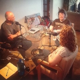 Taping the Tales of a Red Clay Rambler podcast w. Michael Kline (l), Julia Galloway (m), and Kristen Kieffer (r)