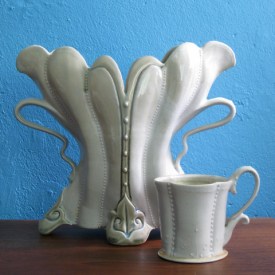 Kristen Kieffer original Clover cup and vertical Corset vase made at Guldagergård in Denmark