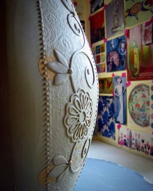 Kristen Kieffer slip-trail detail on covered jar in progress