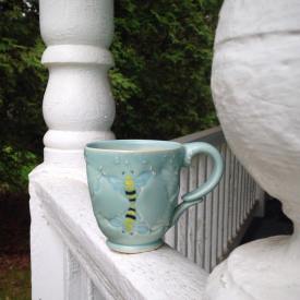Colorized stamped mug with honey bees by Kristen Kieffer